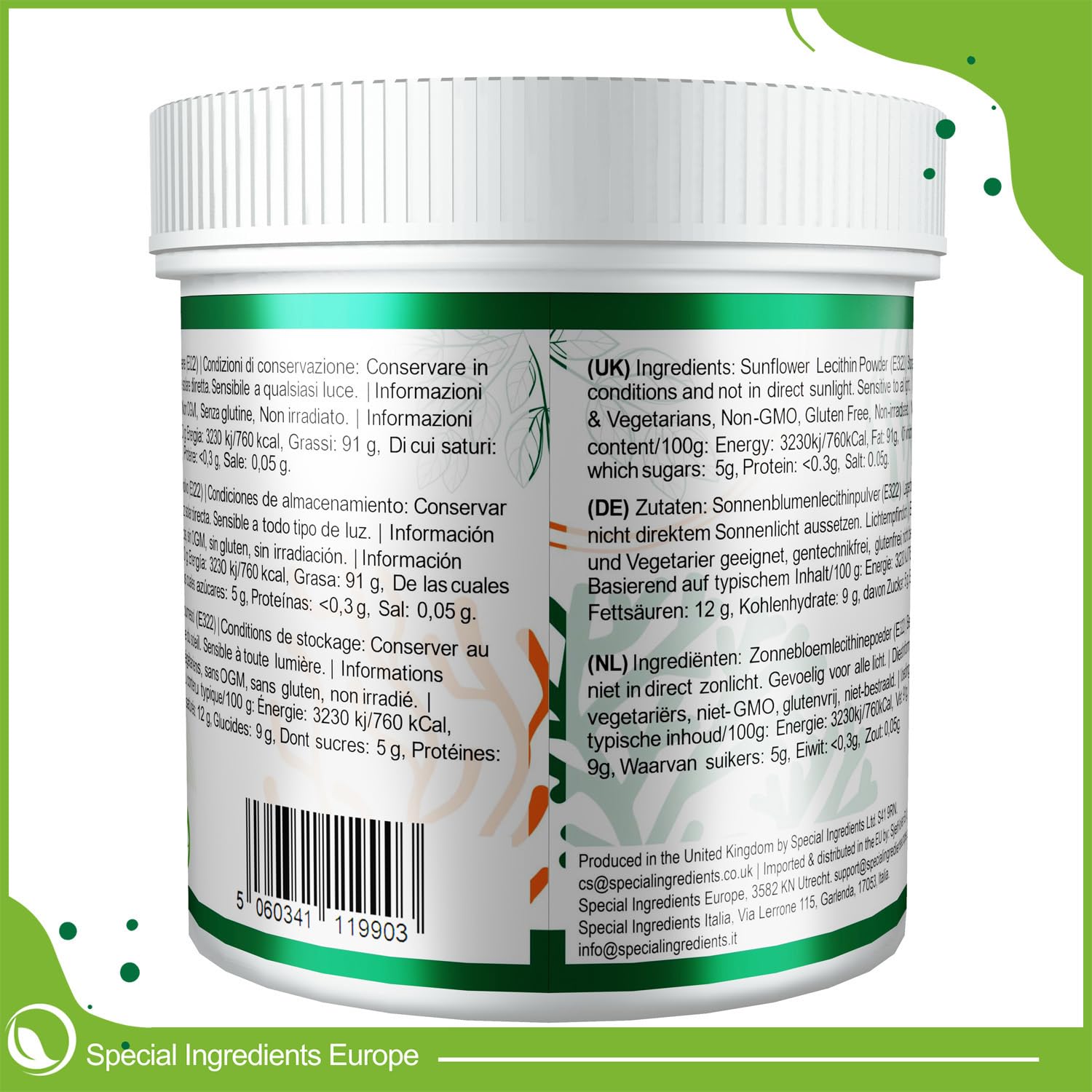 SONNENBLUMENLECITHIN-PULVER 500g HÖCHSTER QUALITÄT GVO-FREI (DEUTSCHE ETIKETTEN UND ANLEITUNGEN)
