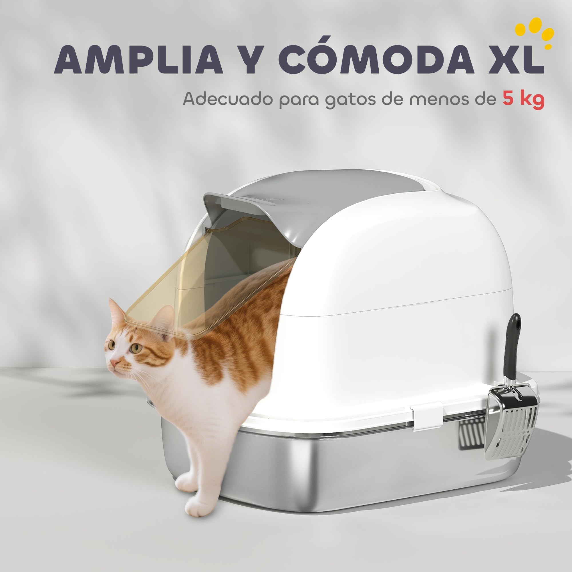 PawHut Arenero para Gatos de Acero Inoxidable XL con Tapa Abatible Blanco | Caja de Arena para Gatos, Laterales Altos, Entrada Superior, Pala, Sin Olores, Fácil de Limpiar, Antifugas