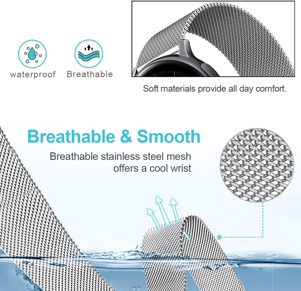3 Pack Compatible with Samsung Galaxy Watch 3 45mm/Galaxy Watch 46mm/Gear S3 Frontier Classic Bands,Width 22mm Adjustable Stainless Steel Mesh Loop Replacement Wristband Strap Bracelet.