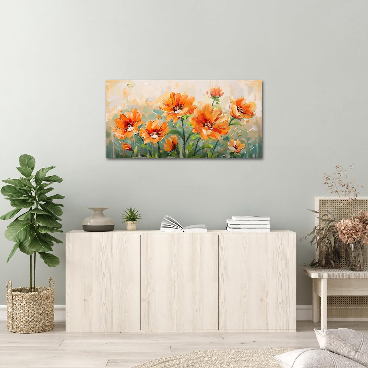 Saypeacher Orange Flower Wall Art Burnt Orange and Green Wall Decor Larg Floral Painting Prints for Living Room Bedroom 24x48inches