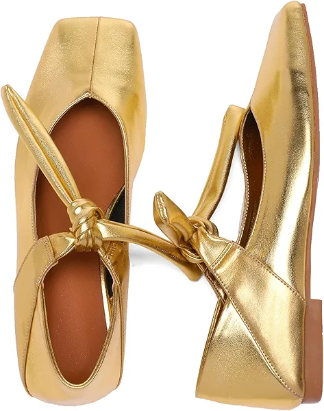 Silver Bow Ballet Flats Shoes for Women Bow Tie Slip On Mary Jane Flats Square Toe Casual Dress Ballerina Shoes 7.5 Gold