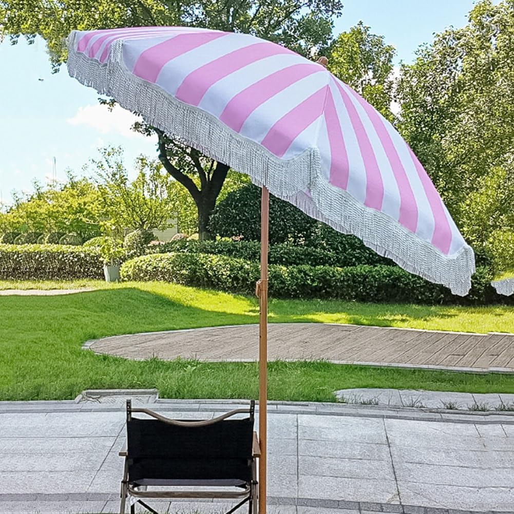 Sombrilla de Jardín Boho con Flecos de 200 cm, Parasol de Playa Toldo Portátil para Exteriores para Balcones, Piscinas
