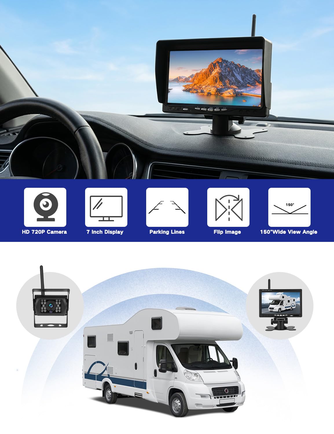 Rückfahrkamera Kabellos Set mit 7" HD Rear View Monitor, IP68 wasserdichte Auto Rückfahrkamera Funk,HD Monitor, Nachtsicht, Weitwinkel,Stabilem Signal,für Wohnmobil Wohnwagen Anhänger LKW