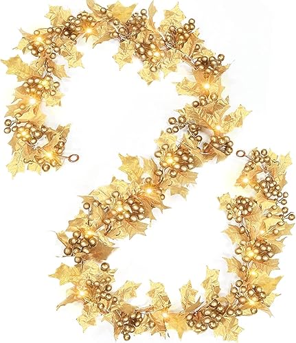Temporizador e iluminado Guirnalda de Navidad dorada preiluminada de 6 pies con 20 luces cálidas, hojas de acebo, funciona con pilas, decoraciones