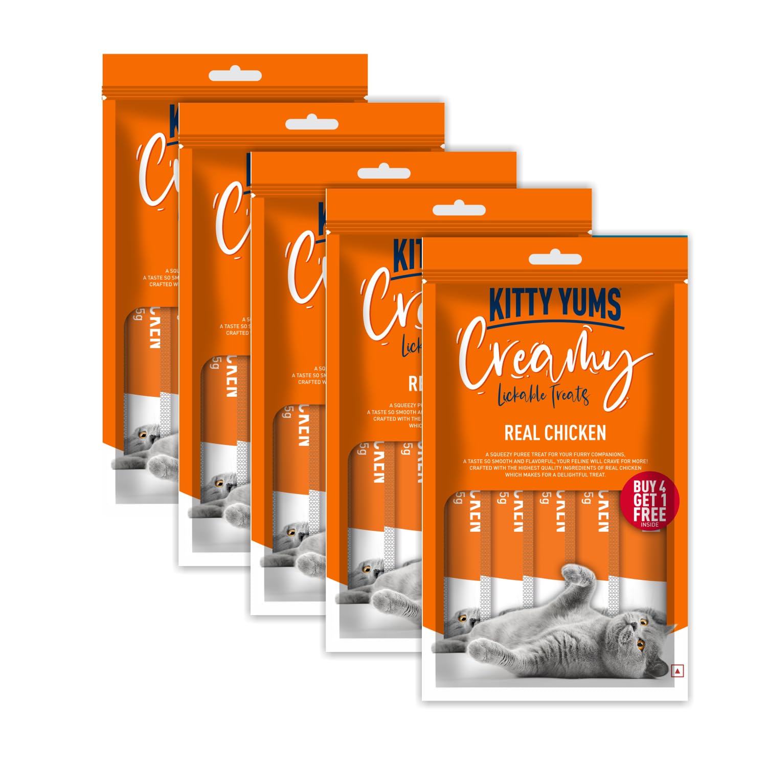 Kitty Yums Creamy Lickable Cat Treats, Real Chicken, Pack Of 5 (25 Pcs, 375Gm) | Rich In Protein, Promotes Hydration, No Artificial Preservatives | Best For Training & Bonding | For Kitten & Adult