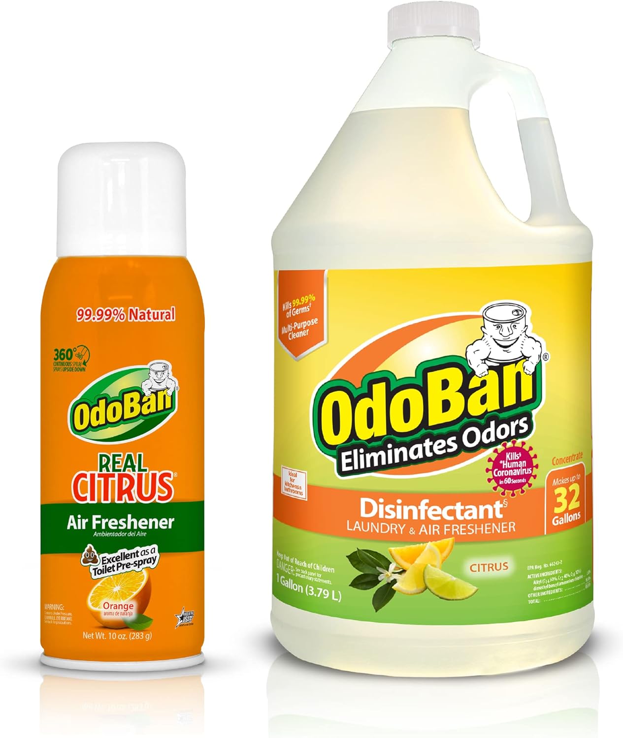 OdoBan Aroma Eliminator Set, Made in the USA, 10 Ounce 360-Degree Continuous Spray Natural Oil Real Citrus Air Freshener and 1 Gallon Multipurpose Disinfectant Cleaning Concentrate, Orange Scent