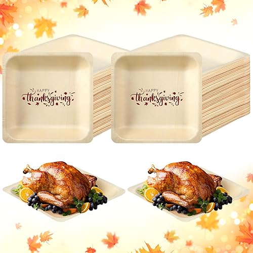 50 platos desechables de madera de Acción de Gracias de 7 pulgadas, con estampado de feliz día de gracias, platos rectangulares desechables