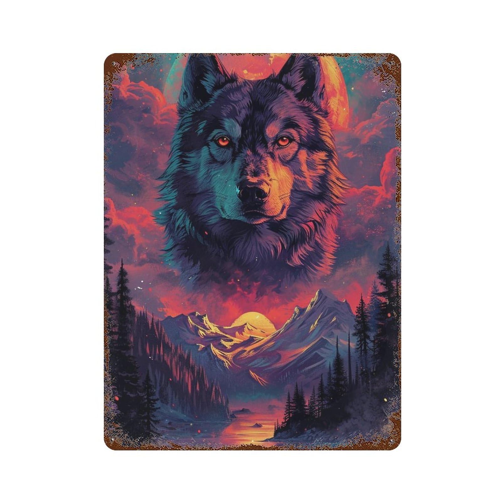 Wolf Moon Fantasy Landscape Aged Metal Wall Plaque 15.7"x11.8", Industrial Home Decor for Garage, Pub Or Kitchen