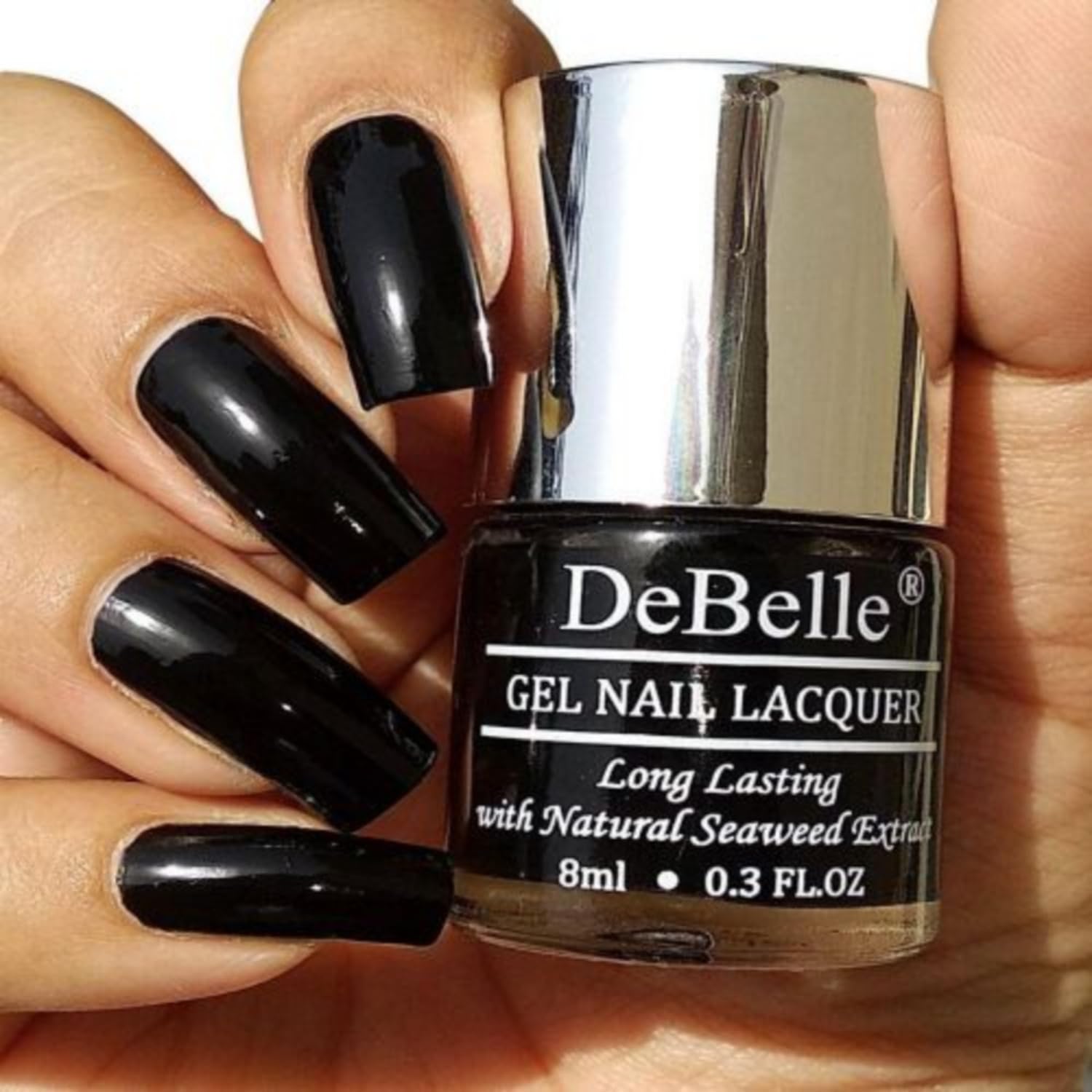 DeBelle Gel Nail Polish Luxe Noir (Black Nail Paint)|Non UV - Gel Finish |Chip Resistant | Seaweed Enriched Formula| Long Lasting|Cruelty and Toxic Free| 8ml Glossy Finish