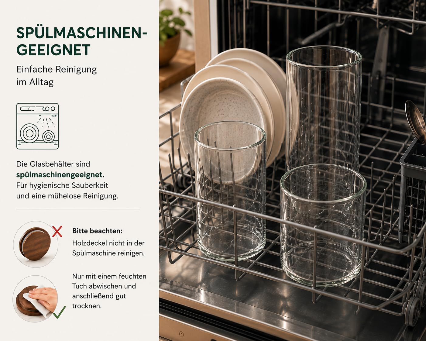 QuaLife Set di 5 barattoli da 1800/1000/600 ml, in vetro borosilicato con coperchio in legno di acacia, ermetici e impilabili, contenitori rotondi in vetro per cucina e conservazione degli alimenti