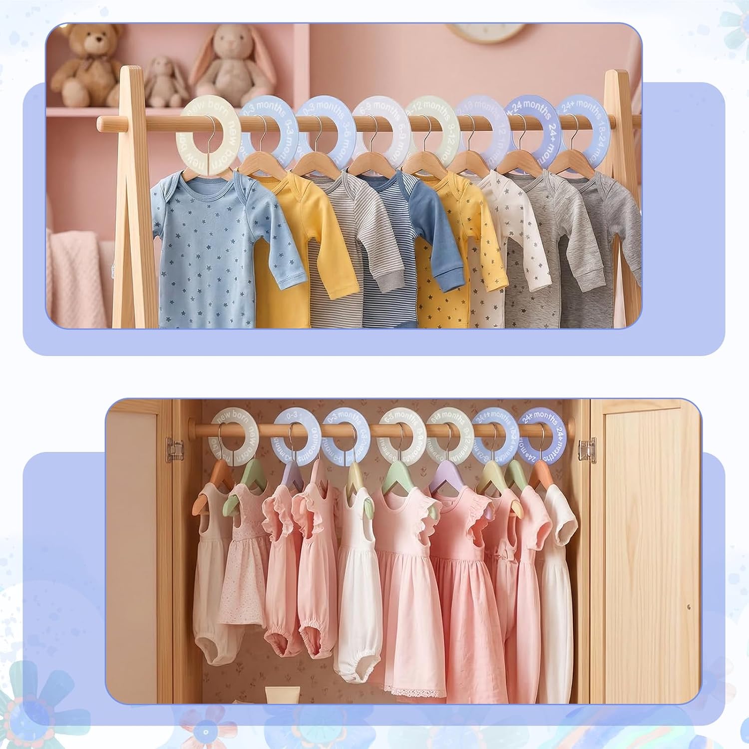 KFHESOMR 8PCS Blue Baby Closet Dividers, Round Baby Clothes Organizer | Double-Sided ABS Plastic, 0-24 Months Round Labels, Fits Most Rods (1.5"), Nursery Closet Organizer & Decor