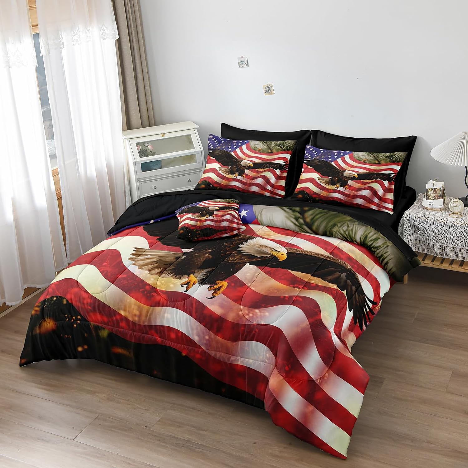 MOVE OVER American Flag Comforter Set Eagle Bedding Set Twin Size 6 Pieces Bed in a Bag Retro Style Wildlife Bed Set for Teens and Adults Soft Microfiber Eagle Bird Comforter Set for Bedroom Decor