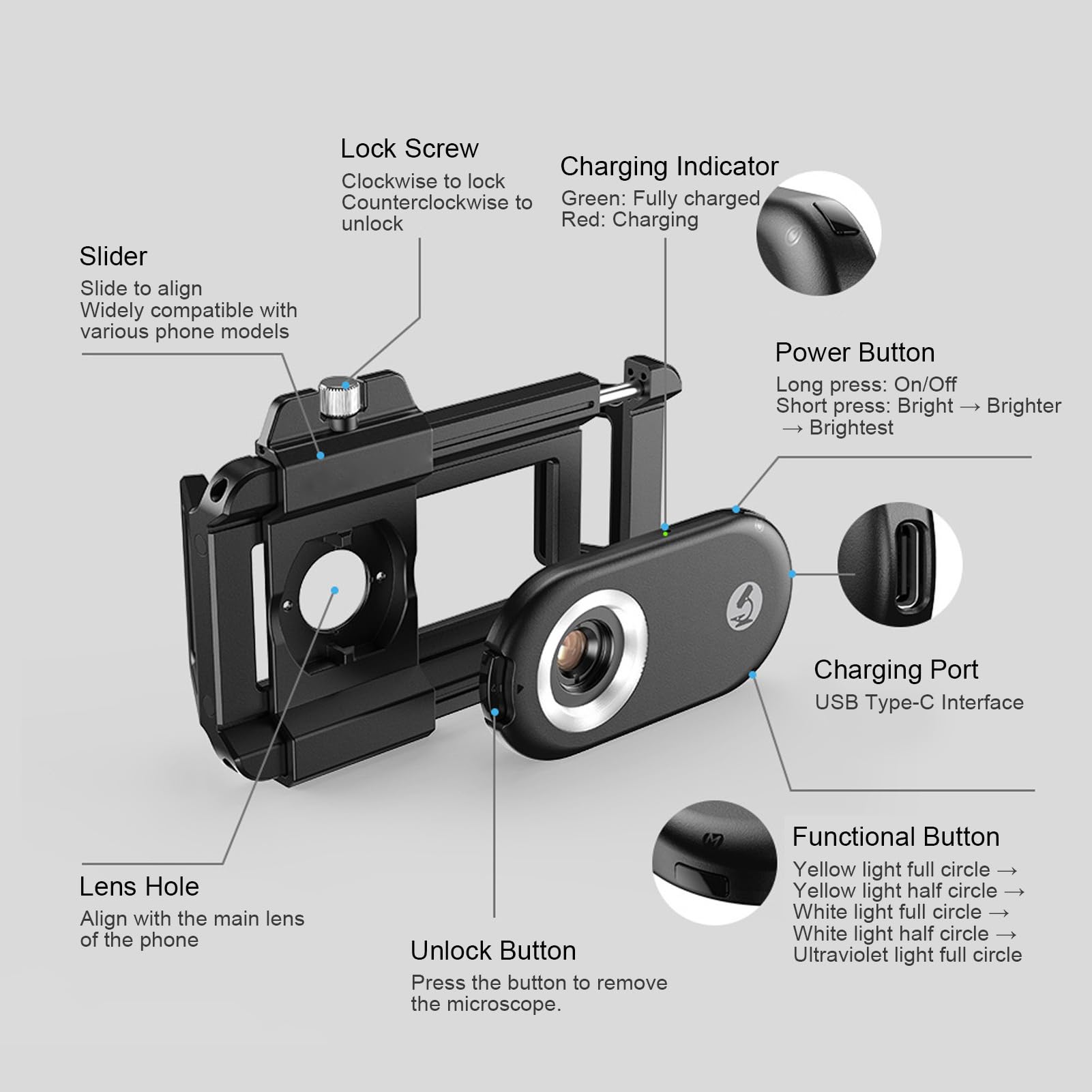 Obiettivo Macro per Telefono con Filtro CPL, Luce LED, Clip per Obiettivo Fotografico per IOS, Quasi Tutti i Telefoni (150X)
