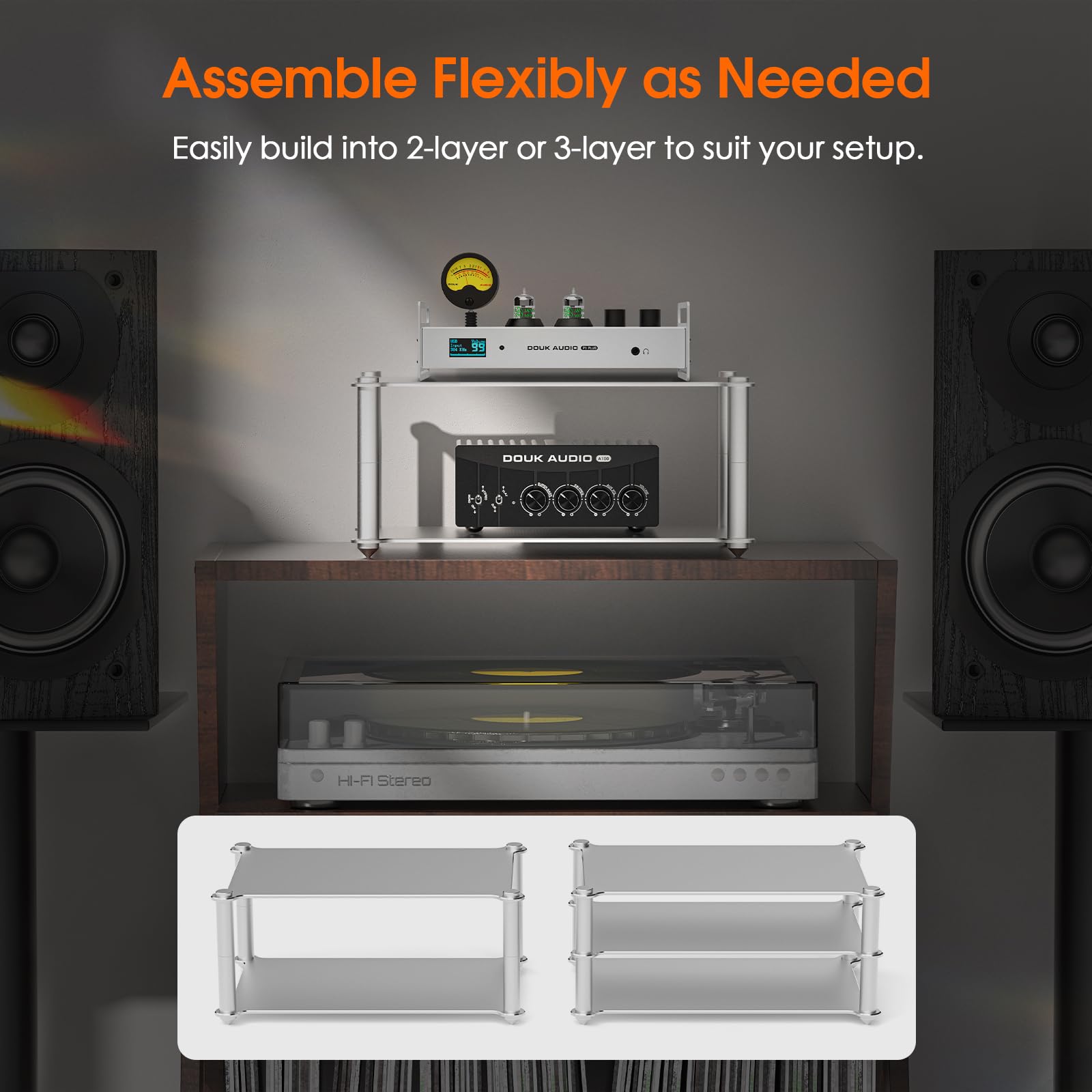 DoukAudio Support audio en aluminium : étagère HiFi de bureau multicouche pour amplificateur, préampli DAC, rack de rangement modulaire ventilé CNC, configuration studio à domicile