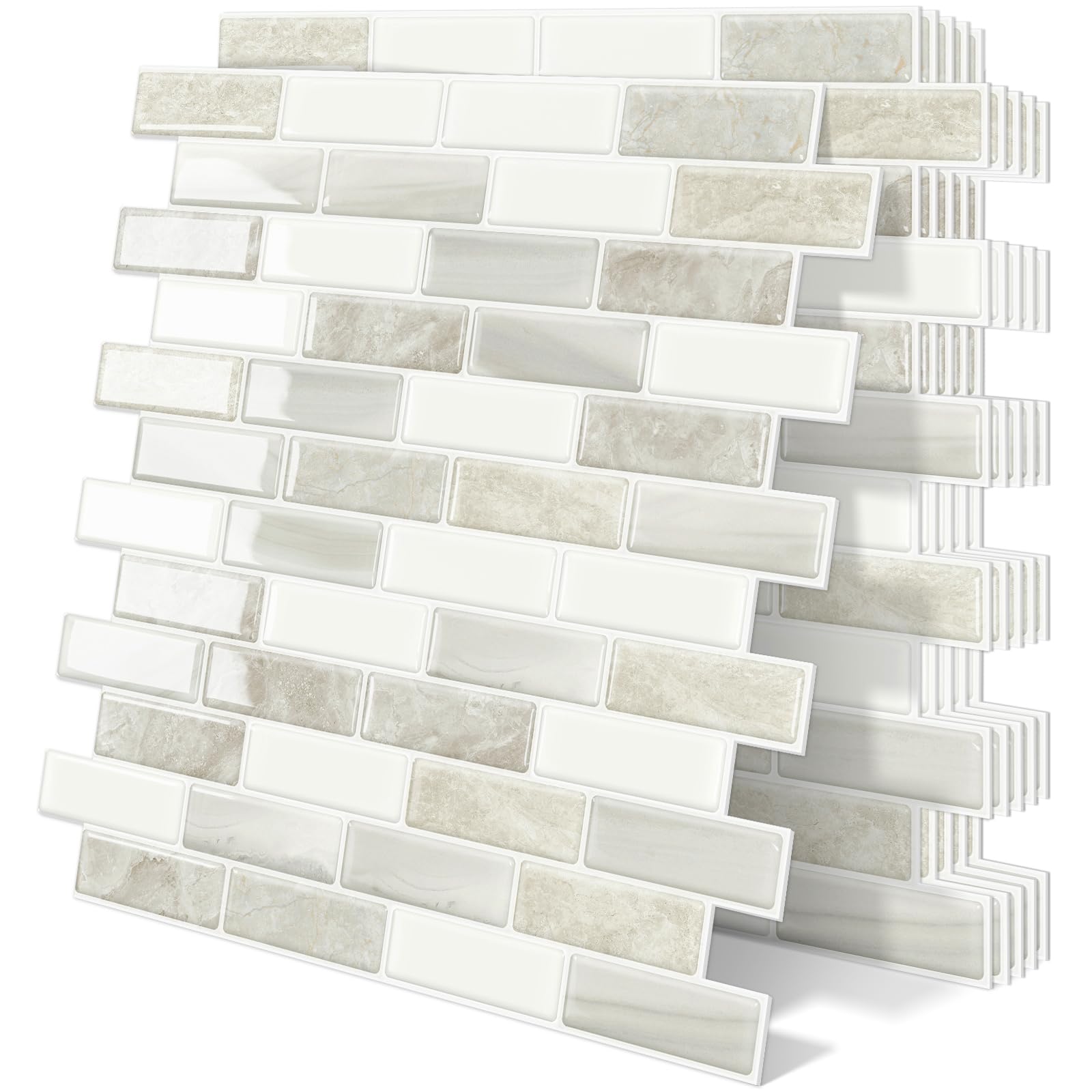 Tiwoos Thick 3D Peel and Stick Wall Tiles Self Adhesive Sticky Splashback for Kitchen Bathroom Marble Beige White 10-Sheet (12"×12")