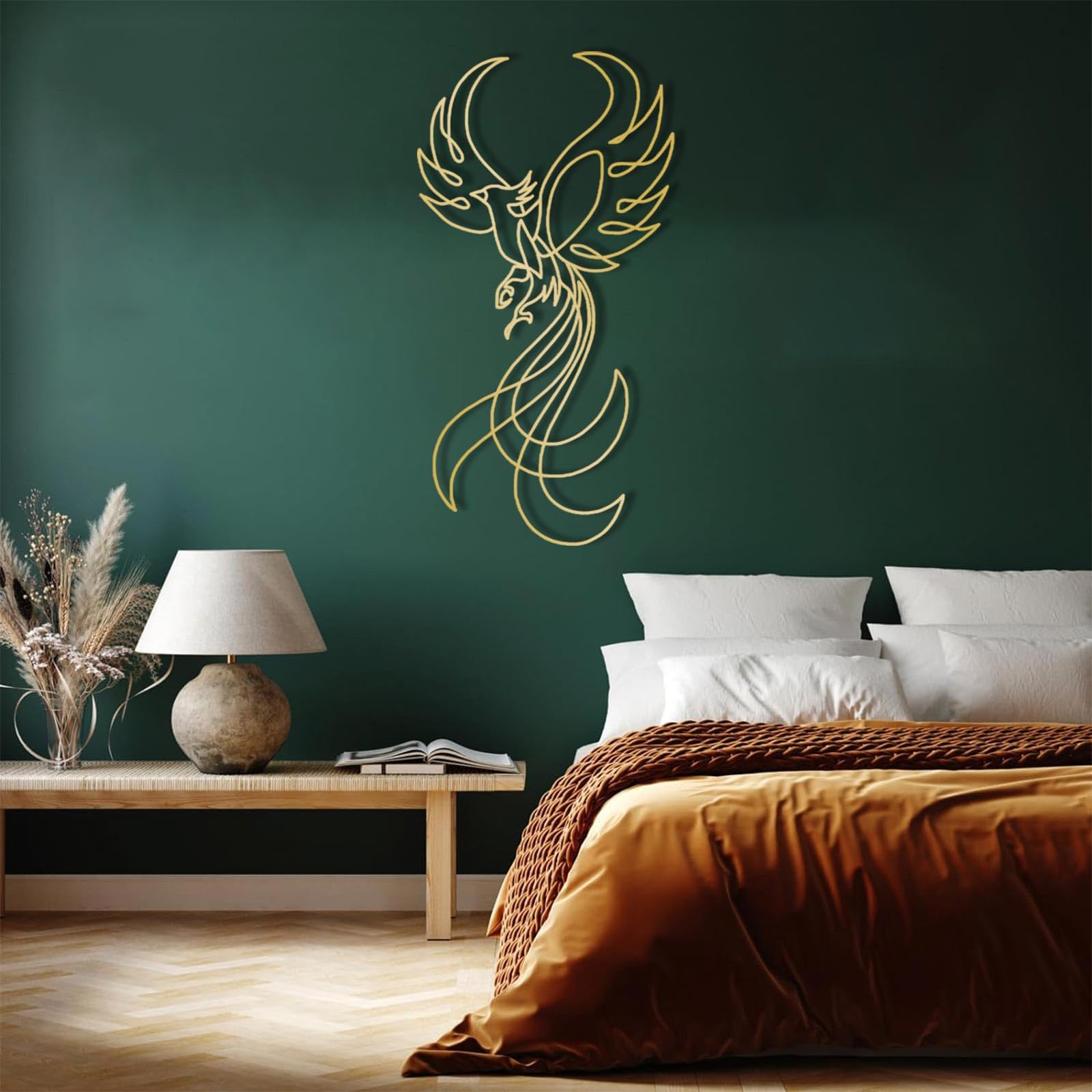 Nowoczesna minimalistyczna metalowa dekoracja ścienna z feniksem, mityczna wisząca do salonu, sypialni lub biura (czarna, 105 x 55 cm)
