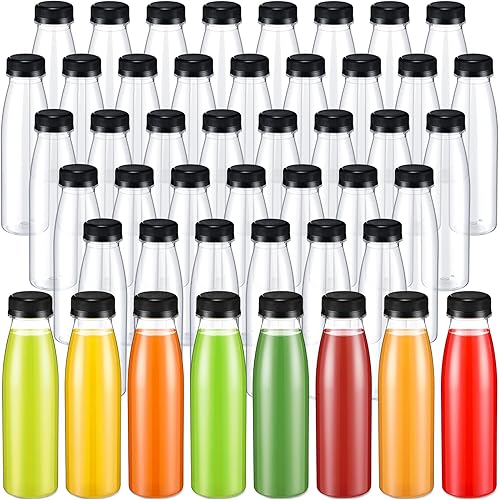 Uiifan 48 botellas de plástico para jugo de 10 onzas a granel de 10.1 fl oz botellas vacías transparentes con tapas, botellas de agua reutilizables