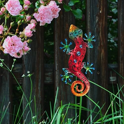 Miniatura 5 de Tuokiuhn Metal al aire libre rojo Gecko decoración de pared lagarto jardín decoración al aire libre valla patio pared arte 13.5 x 7.5 pulgadas