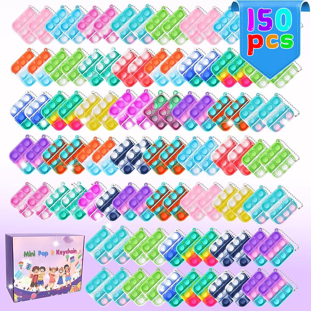 150 PCS Mini Pop Fidget Toys Bulk Party Favors, Silicone Squeeze Pop Bubble Keychain Fidget Sensory Toys for Kids, Easter Party Bag Fillers