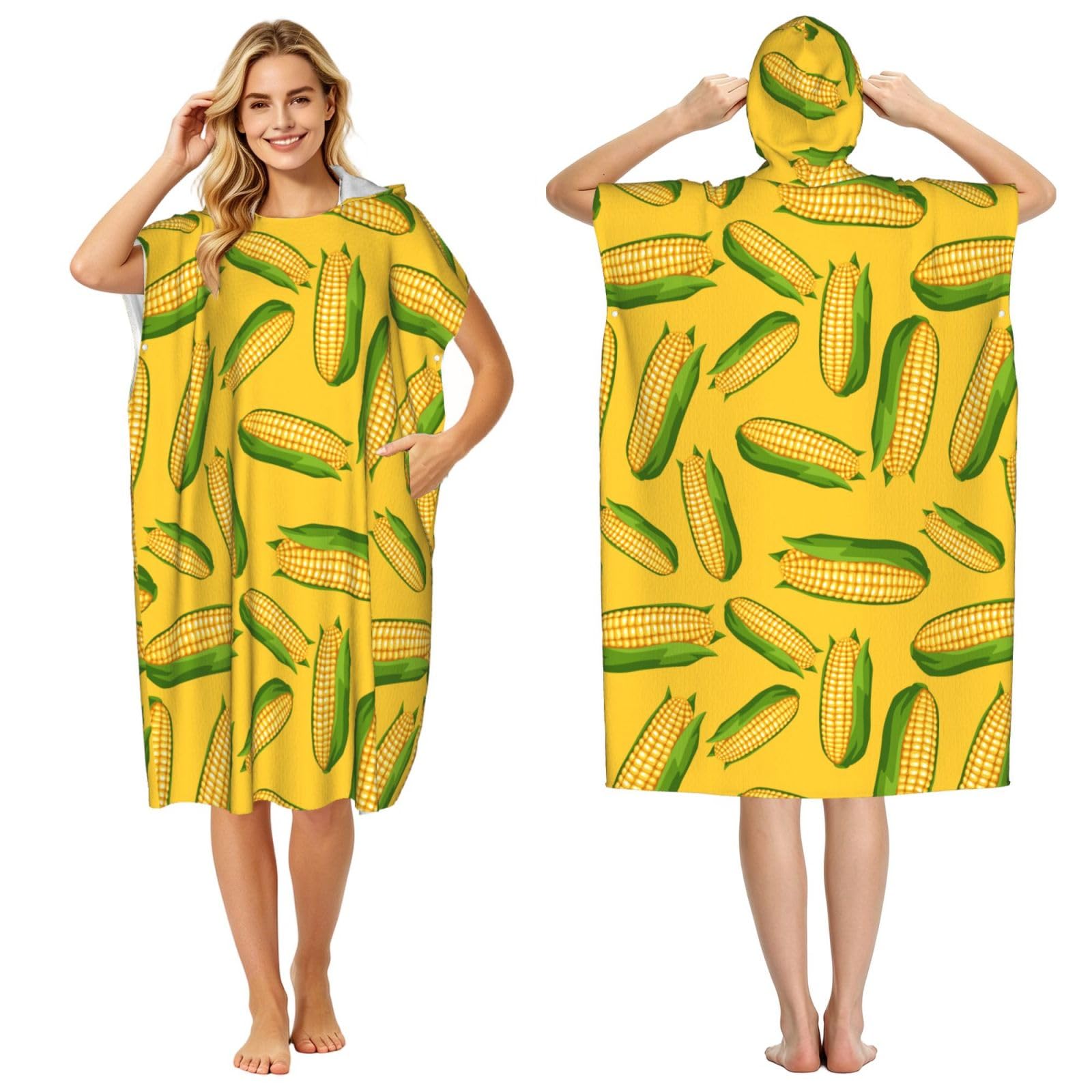Noble Ren Fresh Ripe Corn Cobs Pattern Adult Hooded Beach Towel Swimming Cover Outdoor Wearable Towels Bath Bathrobe Cape Quick Drying