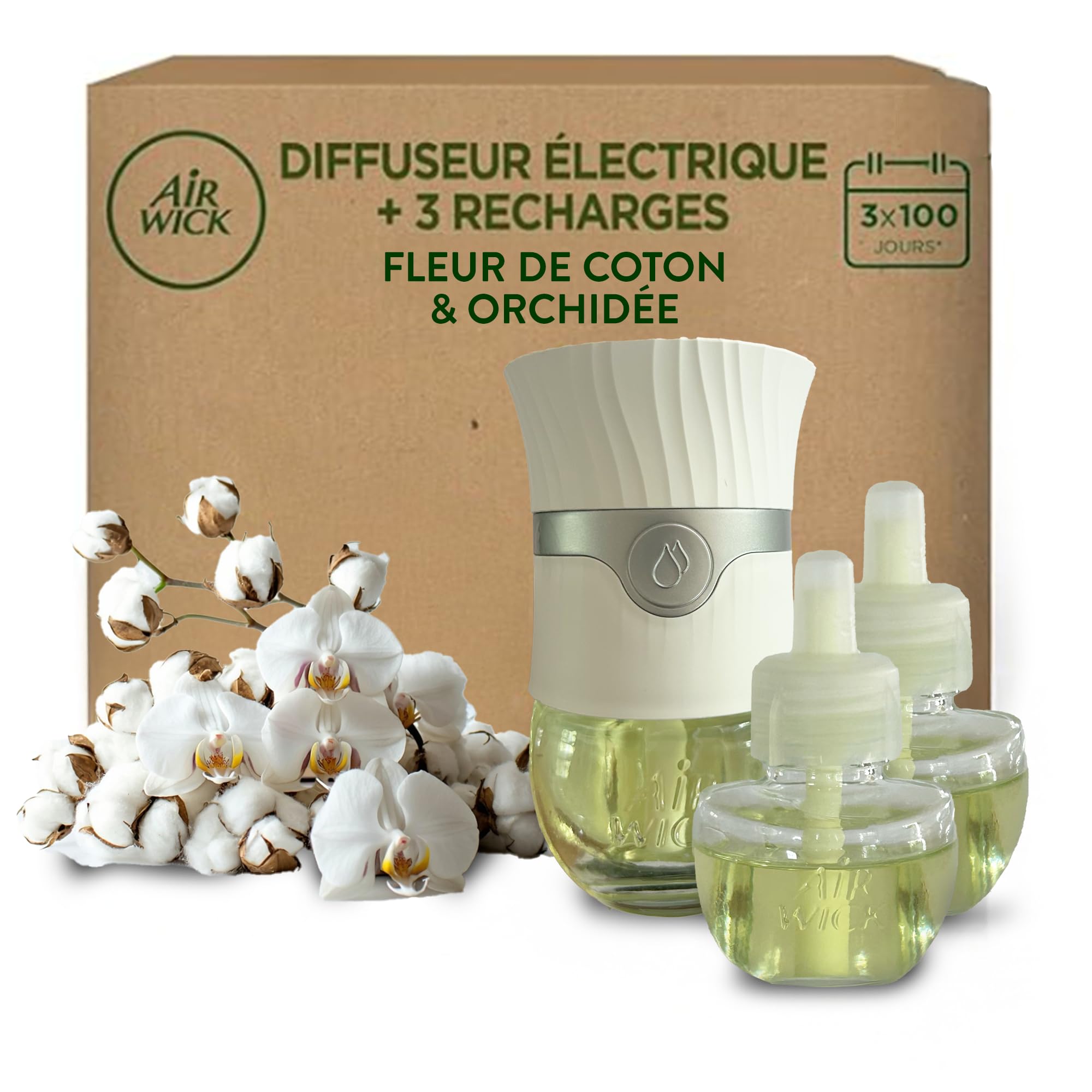 Air Wick Kit Diffuseur électrique + 3 recharges Fleur de Coton et Orchidée 57mL