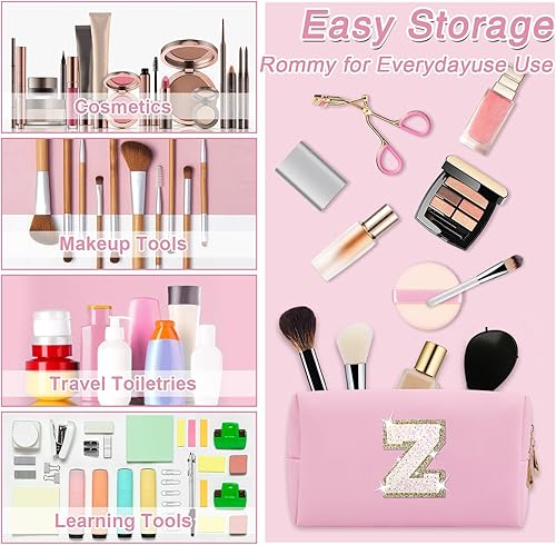 Miniatura 9 de Biileen Bolsa de maquillaje preppy inicial personalizada Pequeña bolsa de carta de chenilla de viaje linda, Letra rosa brillanteblanca