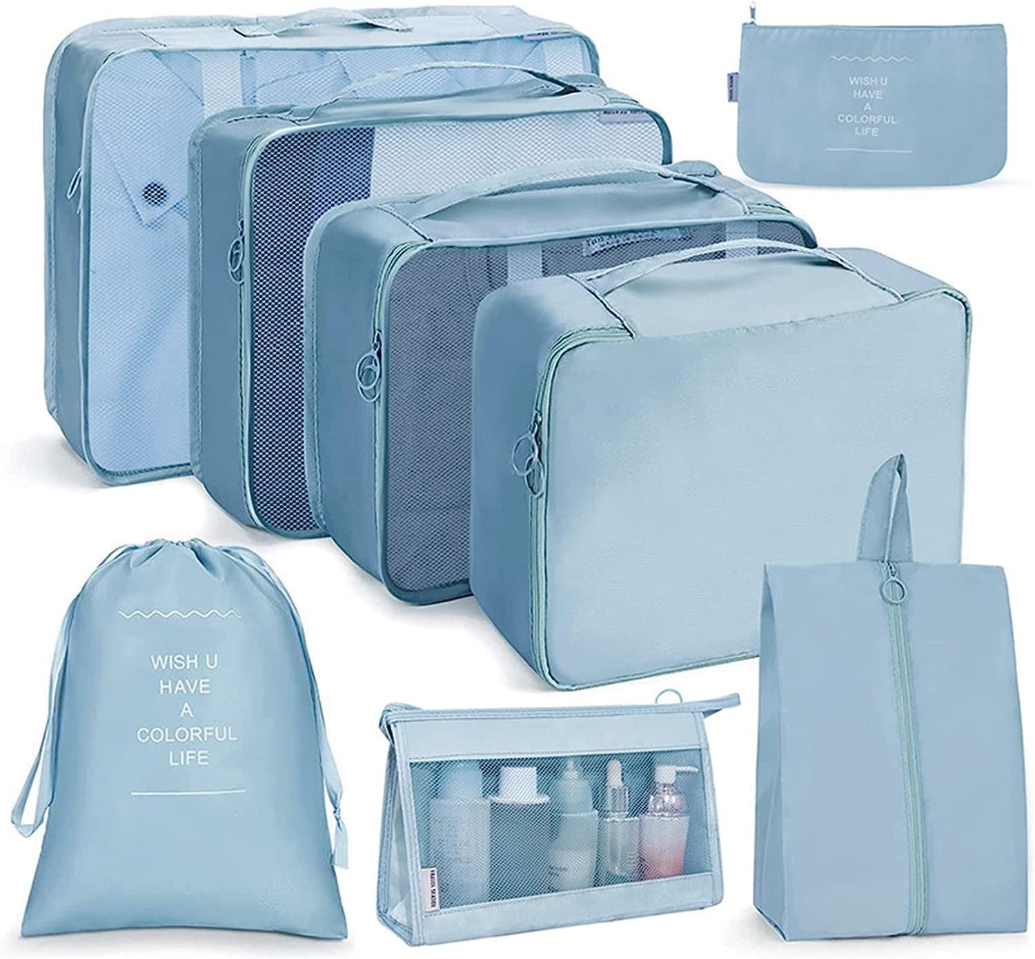 OCEANEVO Mesh 8 Pcs Packing Cubes For Travel, Travel Organizer Bags For Luggage, Suitcase With Toiletry Pouch And Shoe Bag- Set Of 8- Sky Blue, 32 Centimeters, 115 Centimeters