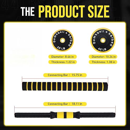 Miniatura 3 de Juego de pesas ajustables para gimnasio en casa, 3344 libras, juego de mancuernas ajustables 2 en 1 con asas de espuma, color amarillo