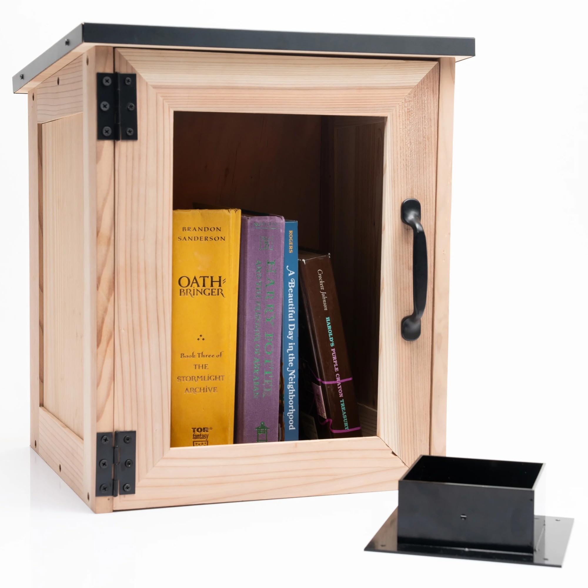 Free Little Library Box for Outdoor & Indoor - Sharing Lending Banned Book Exchange Box - Beautiful Montessori Bookshelf Storage for Kids - Waterproof & Sturdy Wood Cabinet with Metal Base Kit
