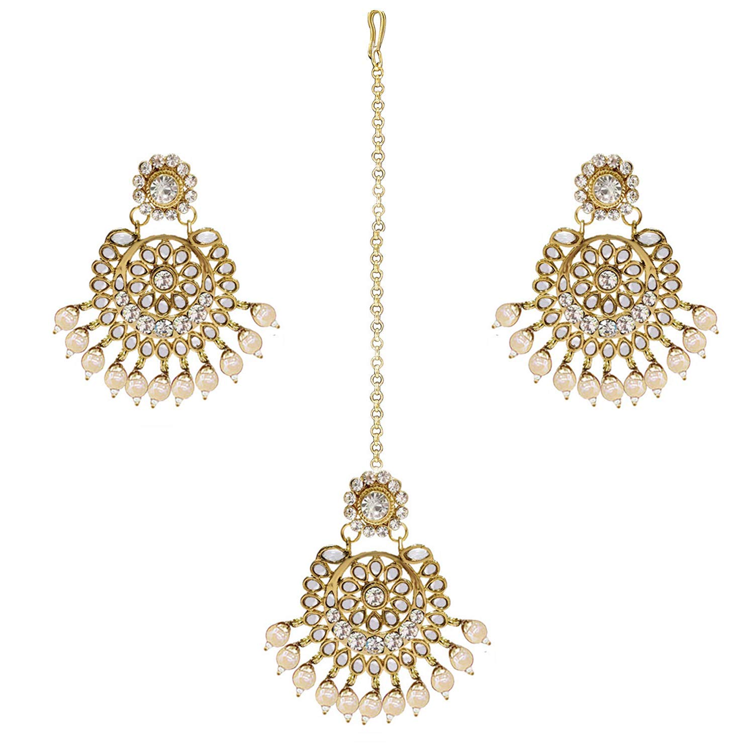 AheliExquisite Design Faux Kundan Beaded Earrings Maang Tikka Set Ethnic Indian Jewelry for Women White