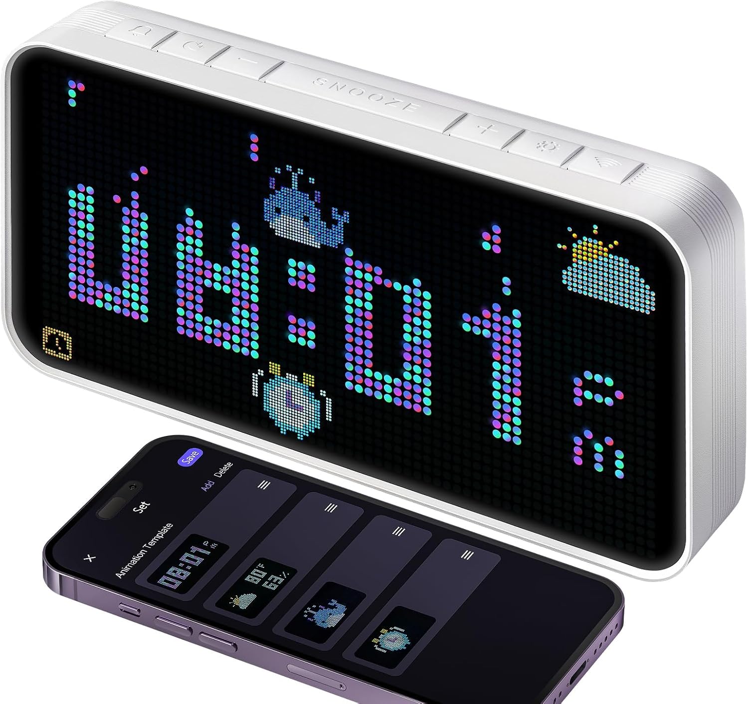 Dekala PixelRise Smart Alarm Clock: Pixel Art LED Display, Weather & Temp Animation, Loud Dual Alarms for Heavy Sleepers, WiFi App Control