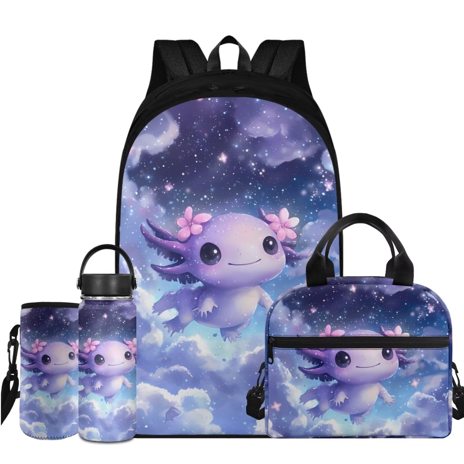 Flashideas Galaxy Axolotl Backpack for Girls Kids Backpack with Lunch Box Water Bottle Stainless Steel and Water Bottle
