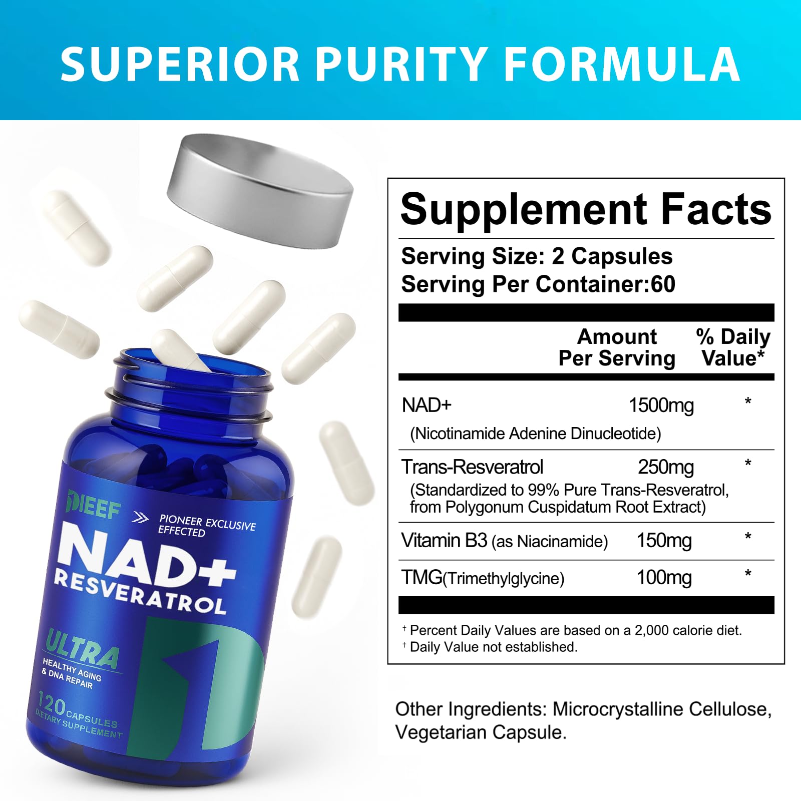 NAD+ Supplement 1500mg mit Resveratrol, 120 Kapseln, Zelluläre Energie & Stoffwechselunterstützung, NMN Alternative für Männer & Frauen