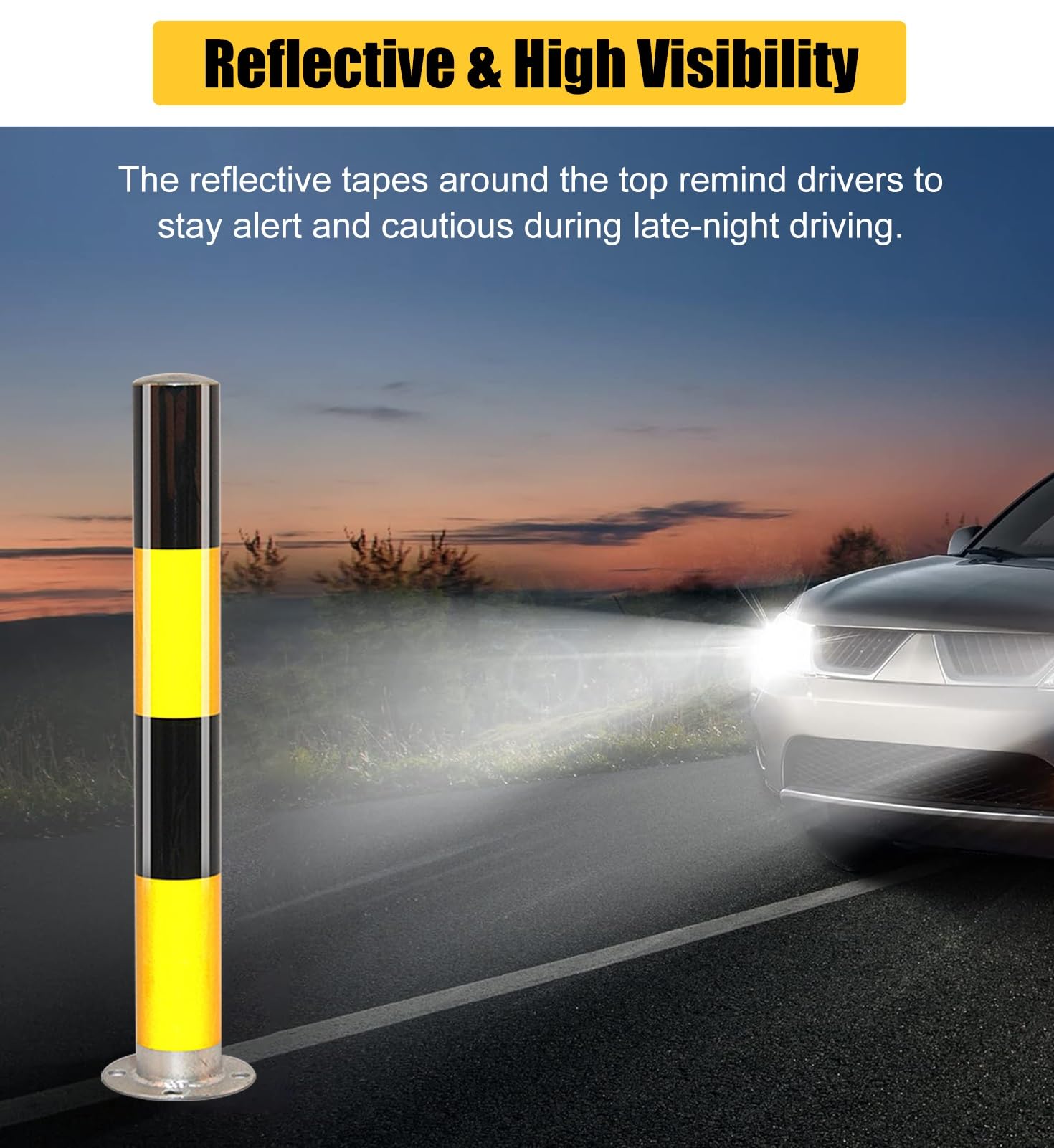 Słupek bariery parkingowej o dużej wytrzymałości | Kolumna ostrzegawcza | Blokada przestrzeni, odblaskowy filar przykręcany w nocy(Black Yellow,9 x 60cm)