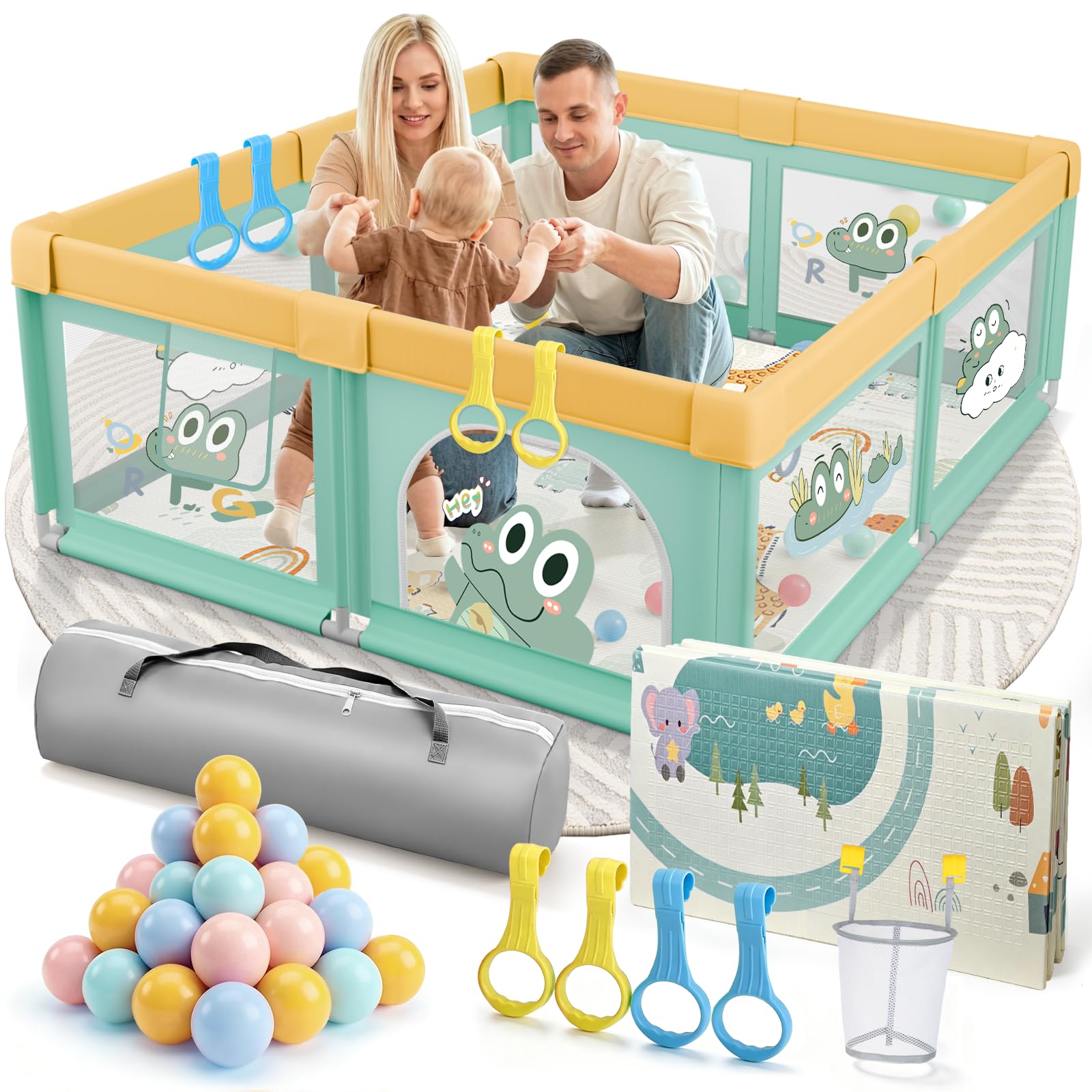 Großes Laufstall Baby Mit Matratze - Sicherer XXL Laufgitter Baby Mit Atmungsaktivem Netz, 60 Bällen, Basketballkorb, 4 Zugringen Und Einer Faltbaren Matte (Grün Krokodil, 150 x 180 x 66 cm)