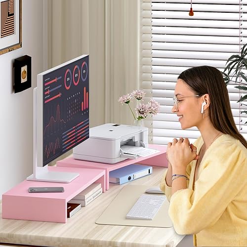 Miniatura 10 de TEAMIX Paquete de 2 soportes elevadores de monitor blanco de 20 pulgadas, soporte de escritorio de madera para PCTVportátilimpresora, elevador de