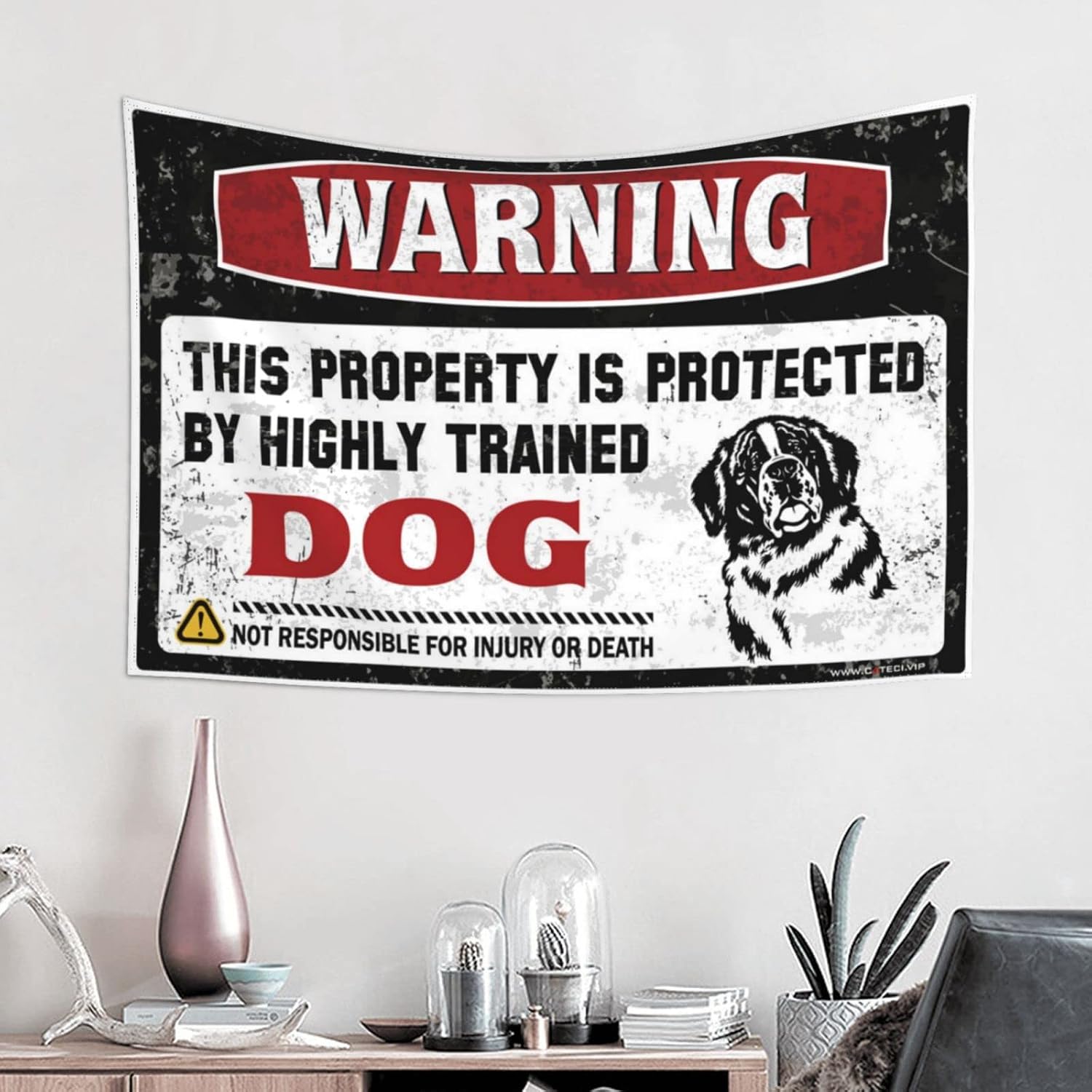 GVNVYFWUY Funny Home Decor Warning This Property Is Protected By A Highly Trained Dog Tapestry Dorm Wall Decorations Things For Boys Room(75X100CM) image 2