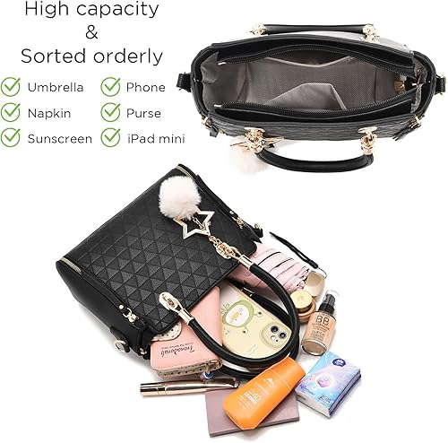 Miniatura 6 de I IHAYNER Bolso cruzado para mujer, bolsos y bolsos de mano con asa superior, bolso de hombro con pompón para bolsa de viaje para mujer