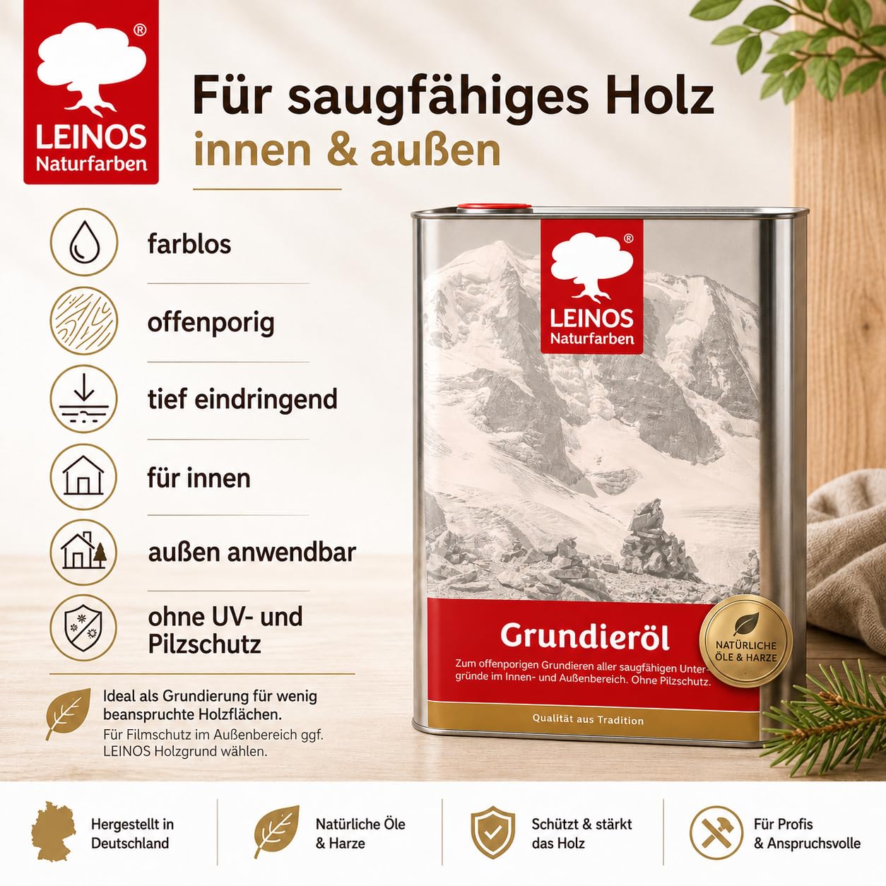 LEINOS 220 Grundieröl für Innen 10 l | farblose Holzgrundierung mit gutem Eindringvermögen | offenporiges Naturöl für saugfähige Holzoberflächen | optimale Basis für Lasuren, Öle & Wachse