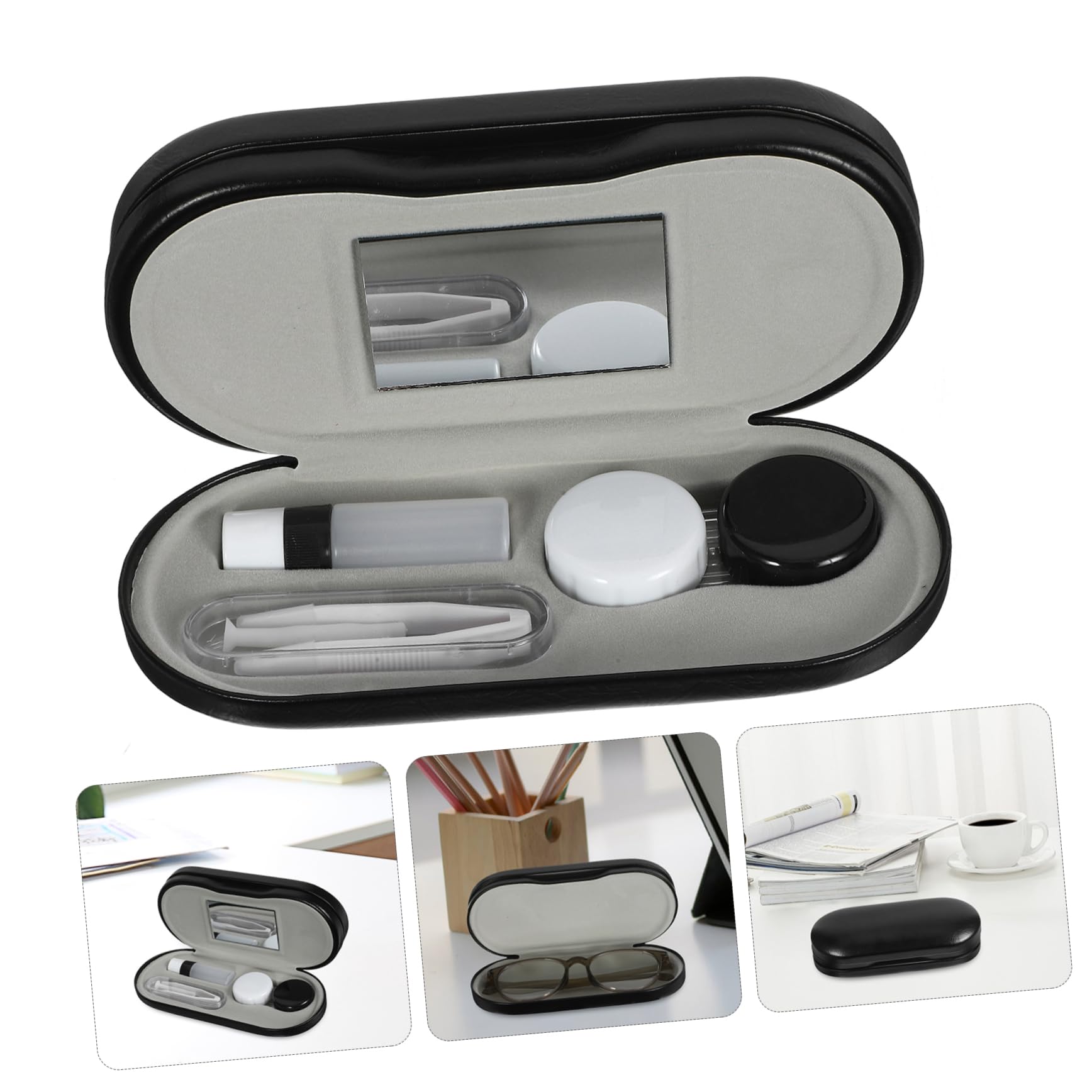 Estuche Negro para Contacto de Pequeño, Doble Lentes Capa Portátil