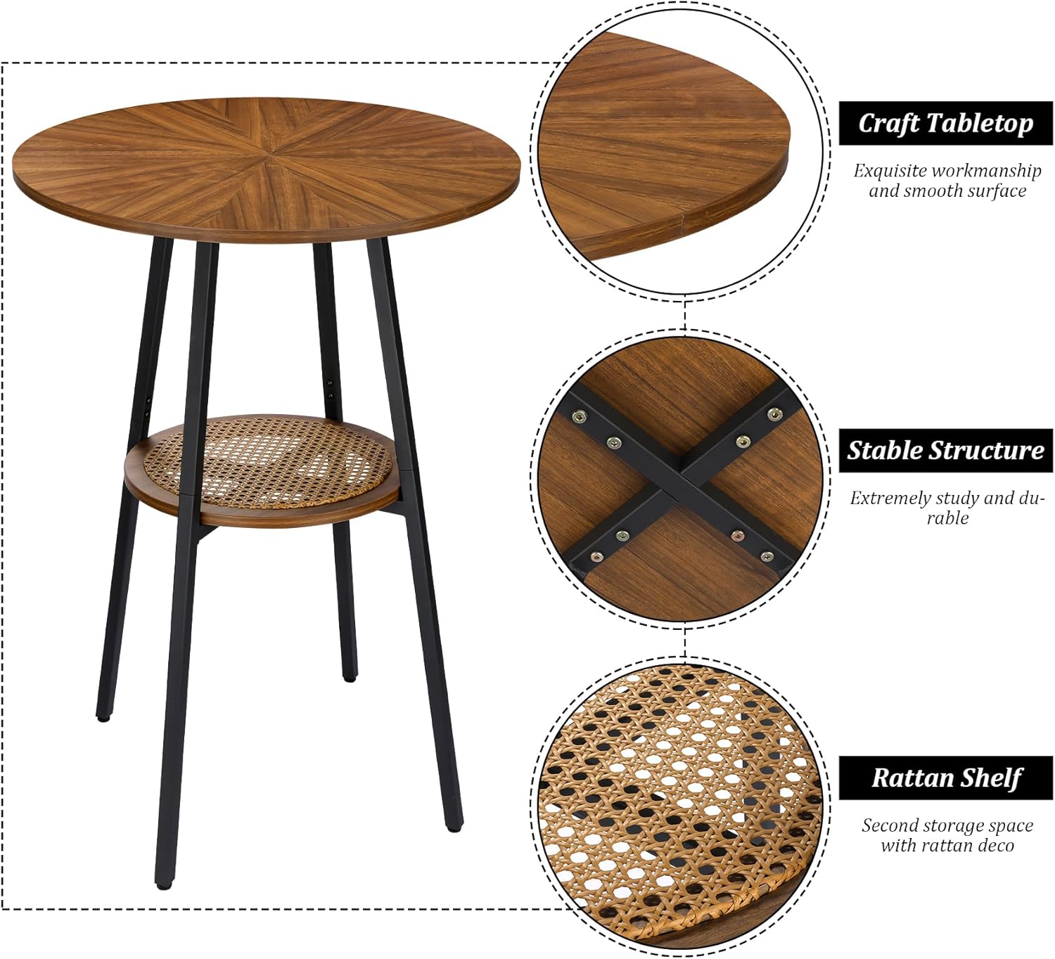 ZYBT Boho Bar Height Table - Rattan Storage Shelf, High Top & Counter Height Dining Table