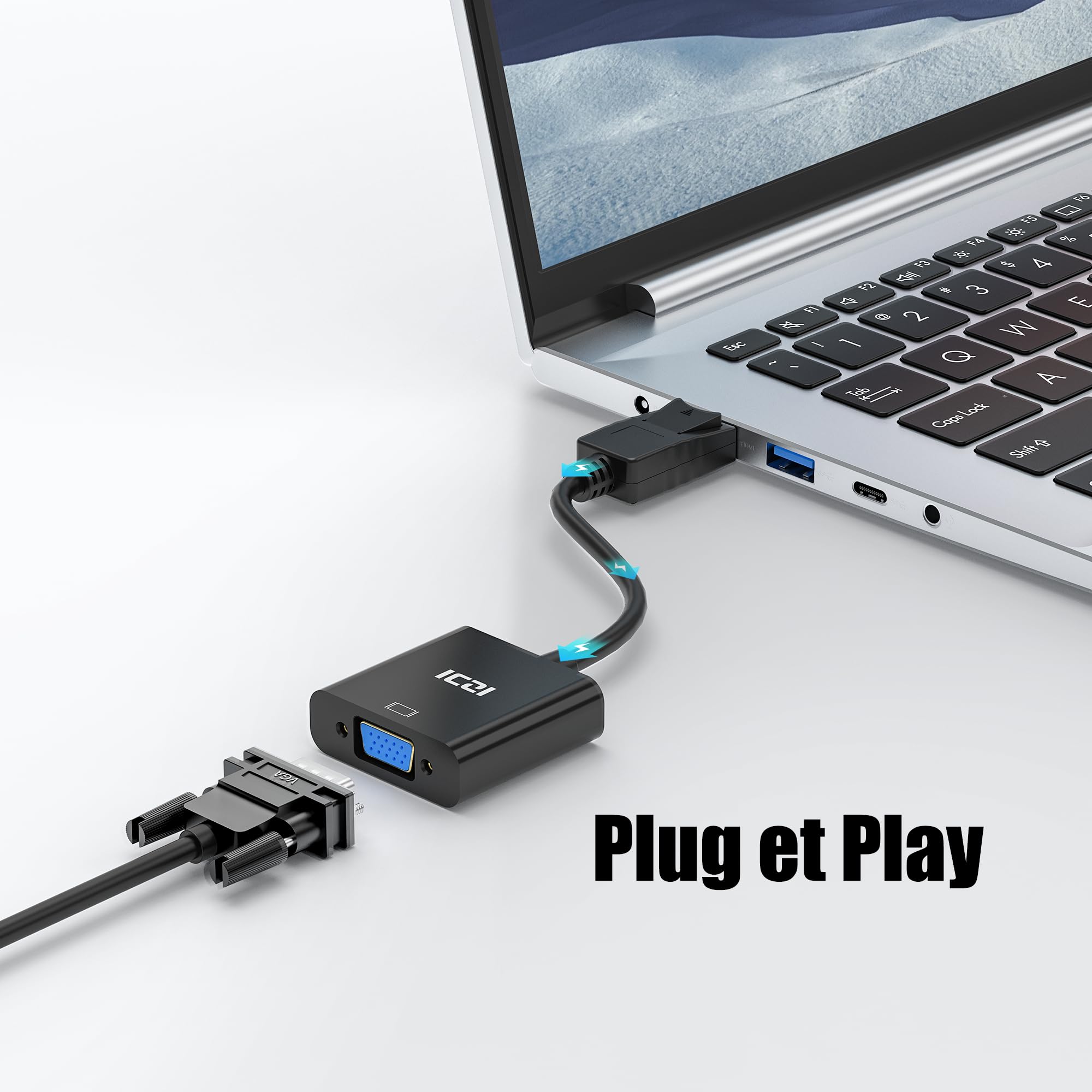 ICZI Adaptateur DisplayPort vers VGA 1080P,Convertisseur DP Mâle vers VGA Femelle Full HD Noir pour PC,TV,Ecran,Projecteur