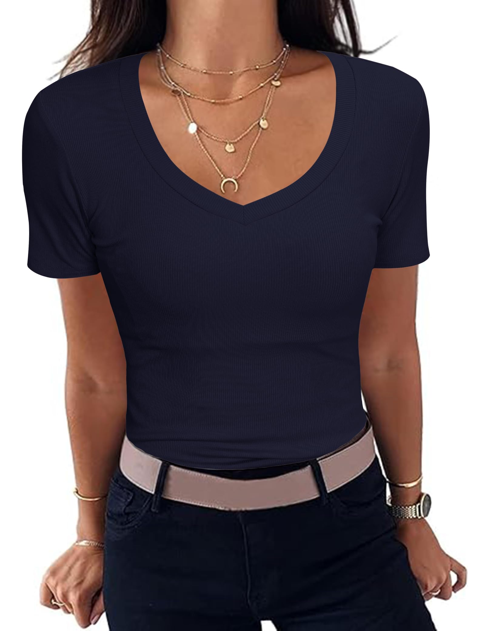 Aottori Damen T-Shirt V-Ausschnitt Elegant Oberteile Kurzarm Gerippt Basic Tee Shirts Slim Fit Tshirt Stretch Casual Sommer Tops