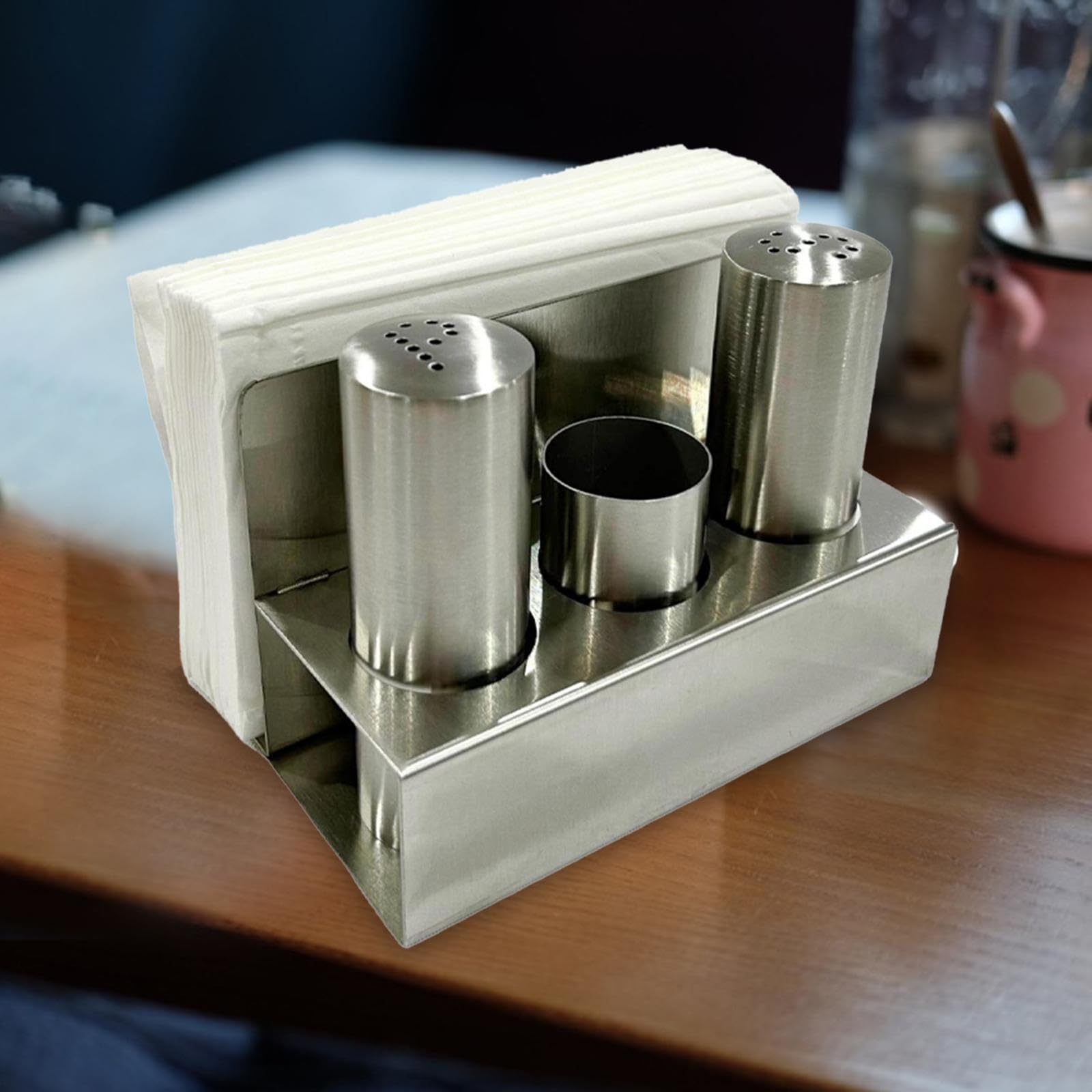 Y Juego de Salero con Servilletero con Base, Utensilios de Cocina, Frascos para Condimentos, Botella de Pimienta para Mesa de Comedor de Cocina, Acero Inoxidable, tal como se describe