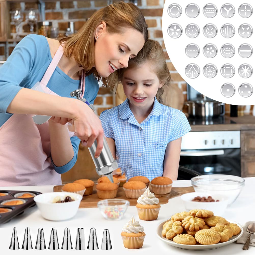 Pressa per pasticceria, con 20 stencil e 8 beccucci in acciaio inox, pressa per biscotti a spruzzo, pressa per biscotti, macchina da cucina fai da te