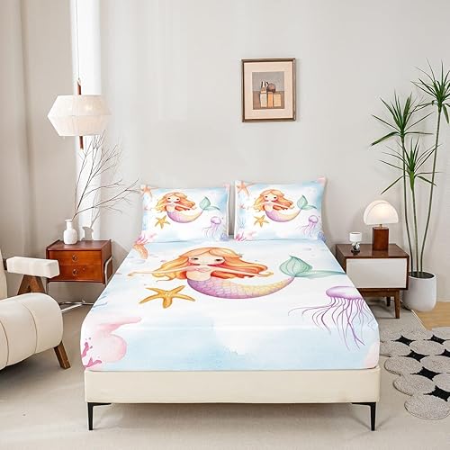 Miniatura 3 de Erosebridal Sábanas de sirena Kawaii para niñas, sábana bajera ajustable de princesa kawaii, tamaño individual, diseño de medusa de estrellas de