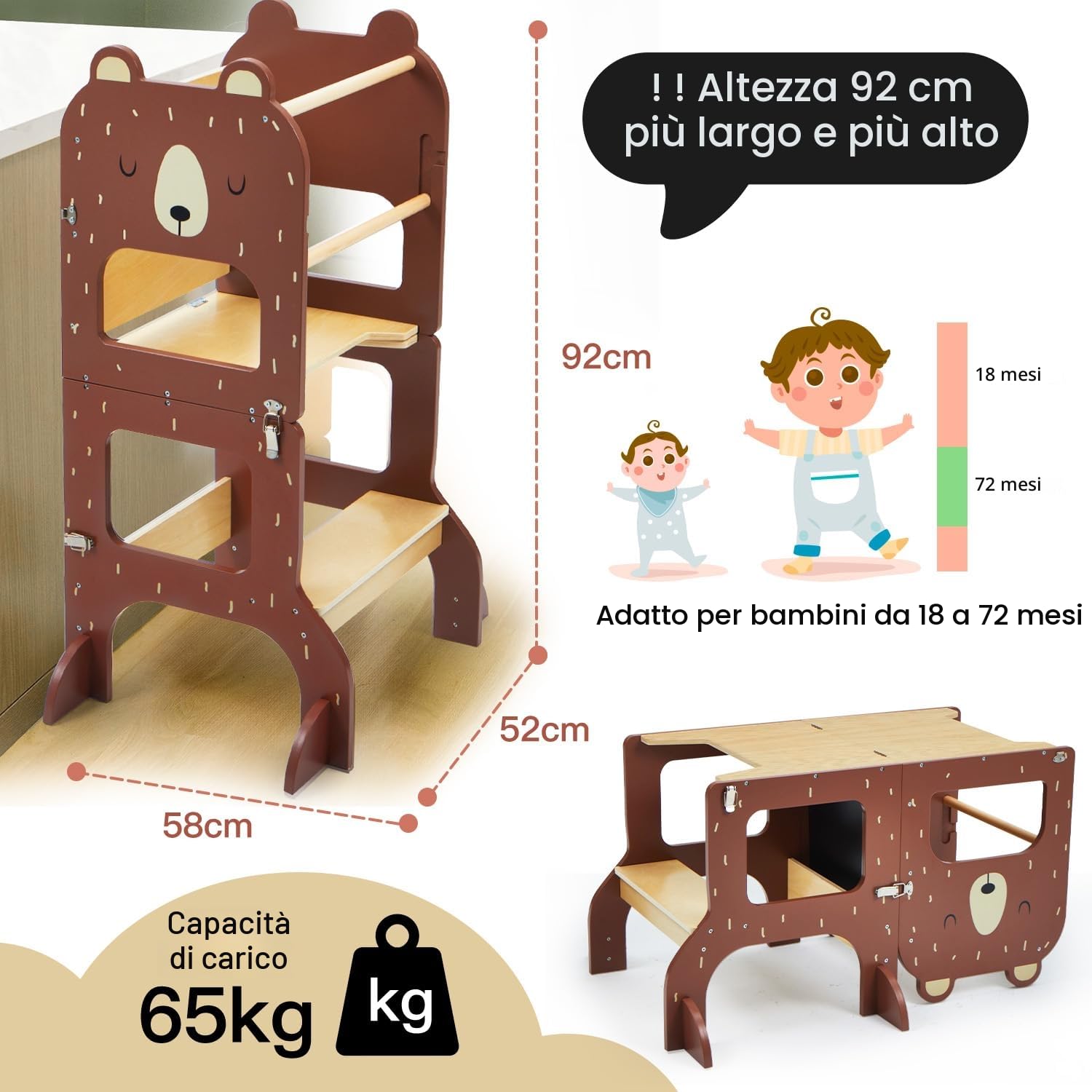 Labebe Torre Montessoriana Pieghevole in Legno 3 w 1 z Lavagna Orso Bruno