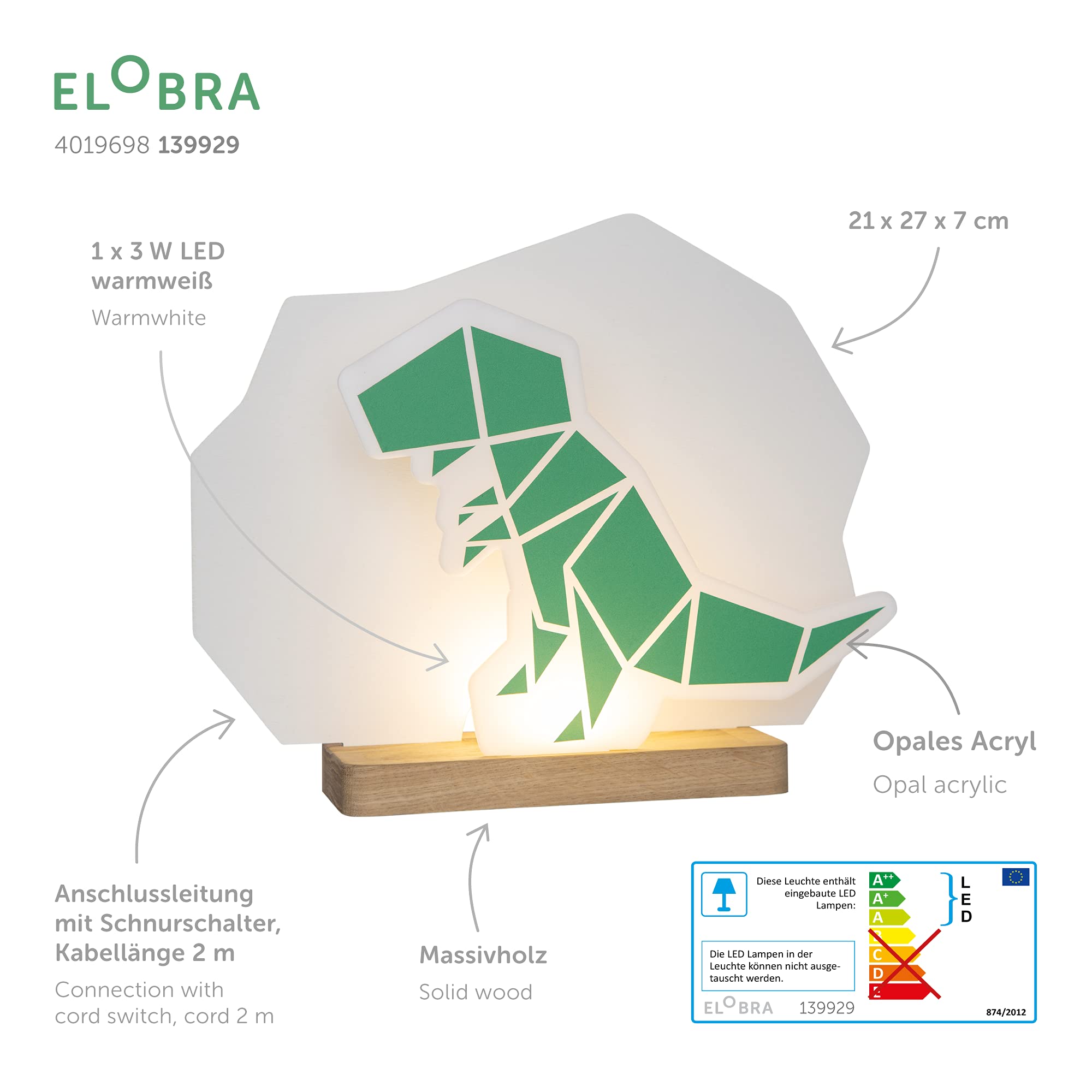 Elobra Lámpara de habitación infantil para niños, Dinopoly, dinosaurio, lámpara de mesa LED, lámpara de mesa, lámpara de escritorio, lámpara de mesita de noche para habitación infantil y habitación de