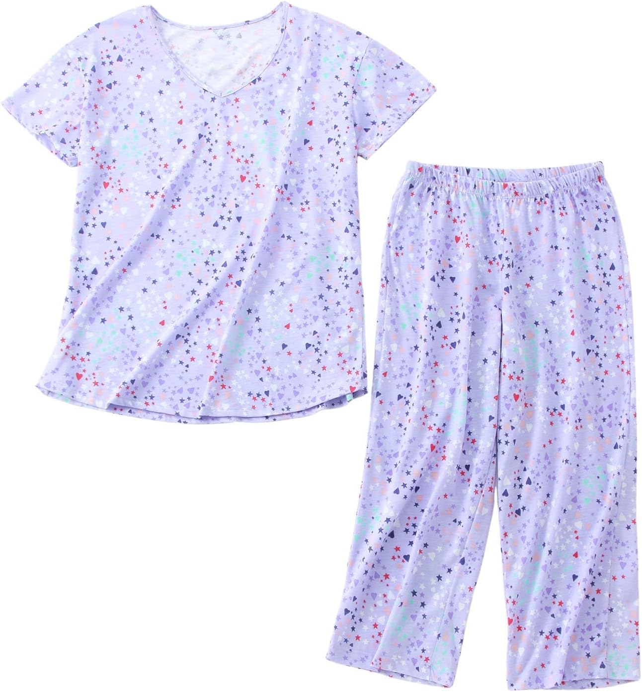 Ensemble Pyjama Femme Été Mignon Imprimé Cartoon 2 Pièces - T-Shirt Manches Courtes Et Pantalon Capri Coton Léger