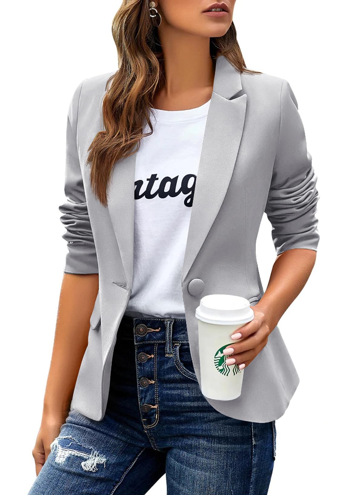 Women's Business Casual Blazer Notched Lapel Work Suit Jacket-image-11